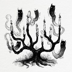 a black and white drawing of a tree with candles