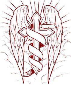 an angel with wings and a cross in the sky, surrounded by clouds coloring page