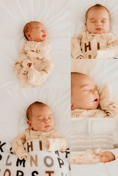 a collage of photos of a sleeping baby