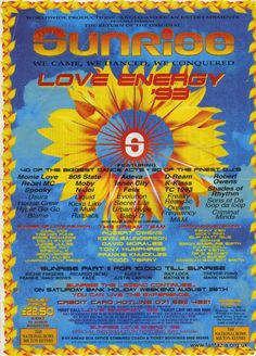 an old poster with sunflowers and the words love energy written in red on it