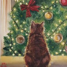 Cat In Christmas Tree Drawing, Christmas Kitty Painting, Winter Cat Painting, Christmas Cats Drawing, New Year Painting Ideas Canvas, New Years Painting Ideas, New Year Doodle Art, Cat Drawing Christmas, Winter Drawings Christmas