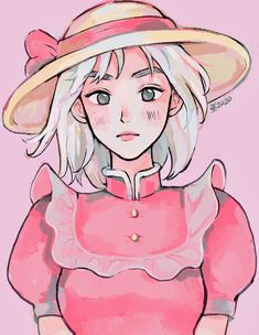 a drawing of a woman wearing a pink dress and hat