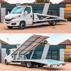 two pictures of a white truck with a ramp attached to it's back and side doors open