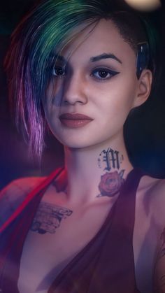 a woman with colorful hair and piercings on her neck