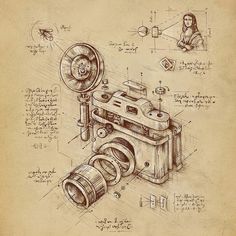 a drawing of an old fashioned camera with some drawings around it and instructions on how to use it