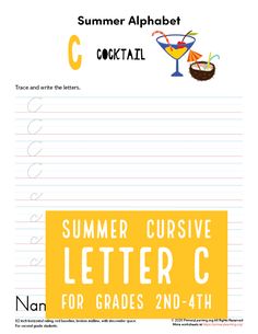 the summer cursive letter c worksheet for 3rd - 4th grade students