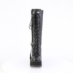 4 3/4" (121mm) Block Heel, 2 1/4" (57mm) Cleated Platform Lace-Up Front Knee High Boot Featuring Eyeletted & Cone Spike Studded Straight-Jacket Style Hanging Strap & Back Buckle Ornaments, Inside Metal Zip Closure