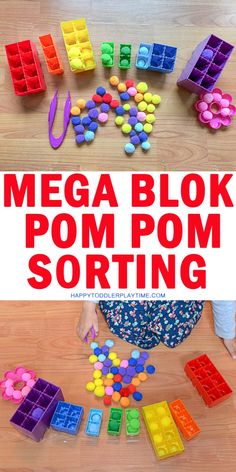 a child playing with legos on the floor and in front of them is a sign that says mega blok pom sorting