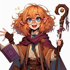 a woman with glasses holding a wand and book