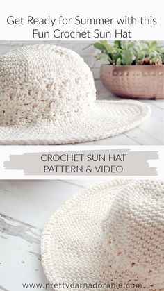 the crochet sun hat pattern is shown in two different sizes and has been made with