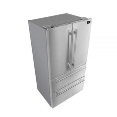 a silver refrigerator freezer sitting on top of a white floor