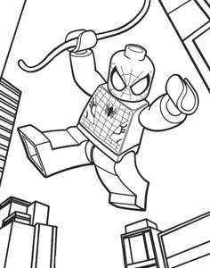 the lego spiderman coloring page is shown in this image, it looks like he's flying through the air