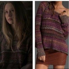 two pictures of the same woman in different sweaters, one with her hand on her hip