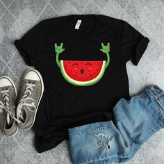 Dancing Watermelon Funny Shirt | watermelon shirt, watermelon, summer shirt, watermelon birthday, fruit shirt, birthday shirt We print on everything! In our shop you will find our designs mostly on short sleeve shirts, but since we use Printful's printing services we can print any design on any type of shirt or item you can see here: https://www.printful.com/custom-products You are welcome to send us a message if you want a design printed on any of the items on the Printful website. Dancing Wate Watermelon Shirt Ideas, Playful Red T-shirt For Summer, Fun Green Summer Shirt, Fun Black Summer Shirt, Funny Print Shirt For Summer, Summer Strawberry Print Tops For The Beach, Casual Beach Tops With Strawberry Print, Summer Cotton Shirt For Birthday, Green Summer Shirt With Funny Print