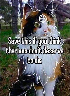 a cat sitting in the grass with text saying save this if you think thereians don't deserve to die