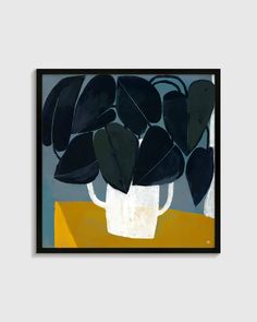 a painting with black leaves in a white vase