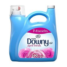 downy liquid with pink roses on the front and blue bottle next to it's cap