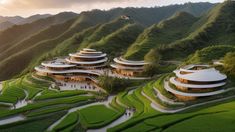 an aerial view of a building surrounded by green mountains