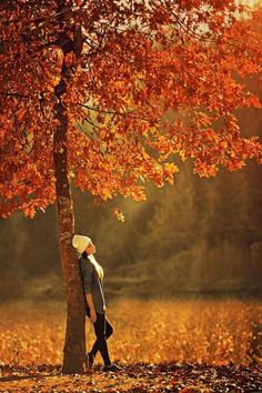 a woman standing next to a tree with an autumn scene behind her and the words, when i find inner peace