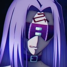 an anime character with long purple hair wearing a mask and looking at the camera while standing in front of a dark background