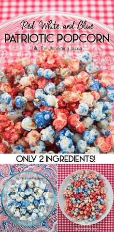 red, white and blue popcorn is in a bowl on a checkered tablecloth