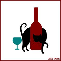 a black cat standing next to a wine bottle with a glass in front of it