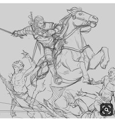 a drawing of a man riding on the back of a horse next to other men