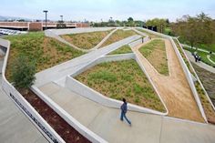 a person walking on the sidewalk next to a green roof