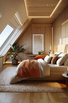 a bed sitting under a window in a bedroom next to a wooden floor and wall