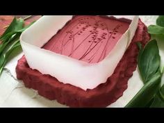 a red and white cake sitting on top of a table next to green leaves in front of it