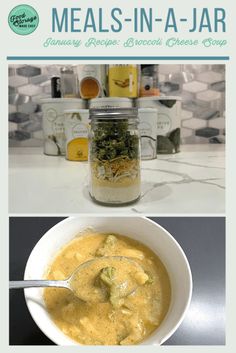 two pictures showing different types of food in mason jars and on the same page, there is an image of broccoli soup