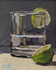 an oil painting of a glass with lemon and lime