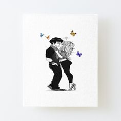 a black and white drawing of two people kissing with butterflies in the background canvas mounted print