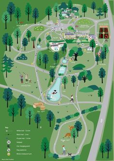 an illustrated map of a park with lots of trees