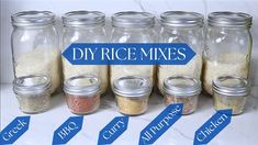 six jars filled with different types of spices and labeled diy rice mixes in each jar