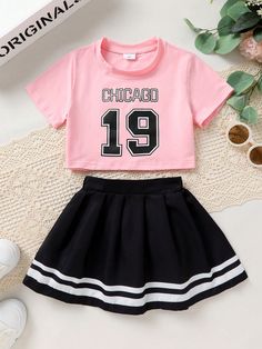 Young Girl Sweet Elegant Number & Alphabet Print T-Shirt And Color-Block Striped Pleated Skirt, Suitable For Casual, Vacation And Party Pink Casual      Slight Stretch  Young Girls Clothing, size features are:Bust: ,Length: ,Sleeve Length: Number Alphabet, Anniversaire Diy, Mode Rose, Modest Casual Outfits, Casual Outfits For Teens, Stylish Summer Outfits