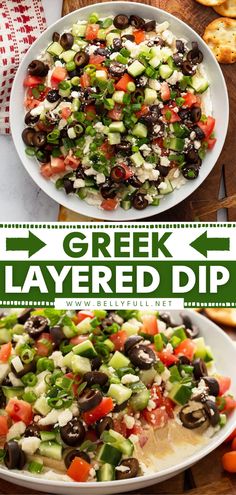 Greek Layered Dip Greek Dip Appetizer, Healthy Dips And Appetizers, Layered Greek Dip Recipe, Greek Layered Hummus Dip, Greek Layered Hummus Dip Recipe, 7 Layer Mediterranean Dip With Hummus, Vegan Layered Greek Dip, Avocado Dip, Healthy Appetizer Recipes