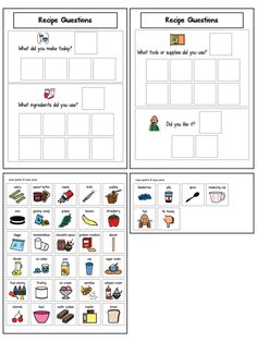 two worksheets with pictures of food and kitchen related items in the same area