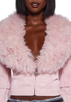 you're the talk of the town. This cropped moto jacket has a vegan leather construction, statement faux fur trim, buckle strap details, and a front zip closure with a crown logo charm. Fur Jacket Aesthetic, Pink Leather Jacket Outfit, Lisa Outfit, Cropped Jacket Outfit, Pink Fur Jacket, Cropped Fur Jacket, Kiss Outfits, Jacket With Fur Collar, Pink Fur Coat