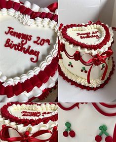 a collage of photos showing two heart shaped cakes and the words jenny's 20th birthday written on them