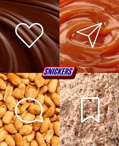 four different pictures with chocolate, peanut butter, and peanuts in the middle one has a paper airplane on it