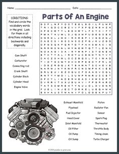 an engine worksheet with words and pictures