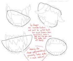 the steps to draw an animal's mouth with different shapes and sizes, including teeth