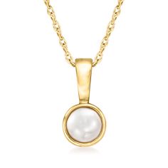 Ross-Simons - 4mm Cultured Pearl Pendant Necklace in 14kt Yellow Gold. 20". RS Pure. Modern designs that complete your outfit and complement your personality. Simple and pretty, this dainty necklace features a 4mm cultured freshwater pearl pendant on a small rope chain. Springring clasp, white pearl pendant necklace. Pearl birthstones are the perfect gift for June birthdays. Dainty Pearl Necklace, Necklace With Pearl, Pearl Birthstone, 16 Inch Necklace, Natural Gold, Necklace Pearl, Pearl Pendant Necklace, Freshwater Cultured Pearls, Pearl Color