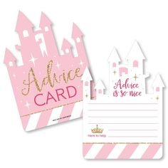 a pink and white princess themed card with gold glitters on it's edges