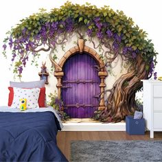 a bedroom with a purple door and tree mural on the wall above it, along with a blue bed