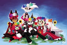 several cartoon characters sitting on the ground with flowers in their hair and wearing costumes that look like cats