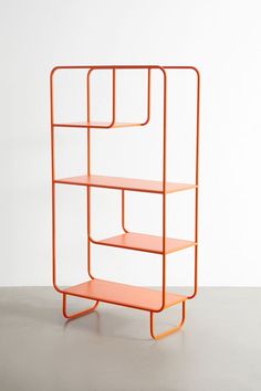 an orange shelving unit with three shelves on one side and four shelves on the other