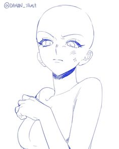 a drawing of a woman with blue eyes holding her hand on her chest and looking to the side