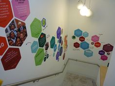 the wall is decorated with colorful hexagons and information about people's lives